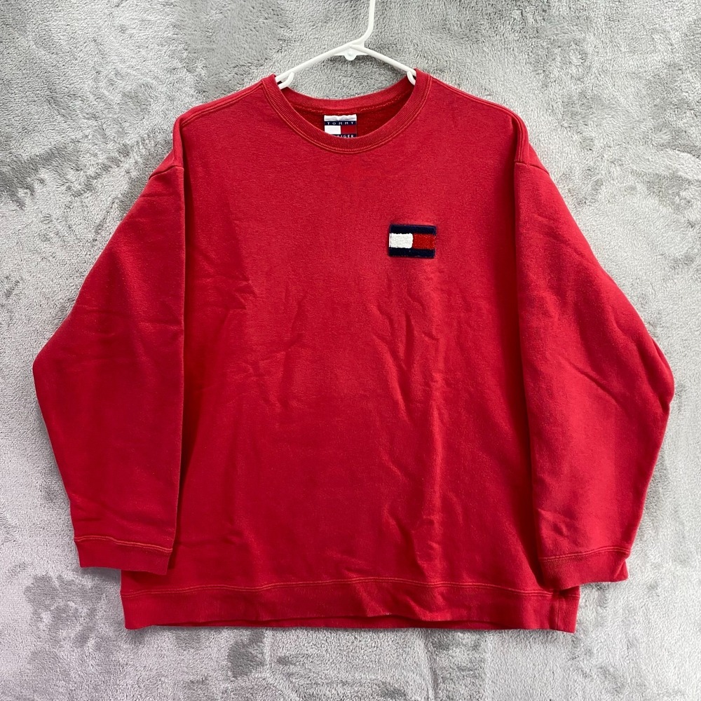 Vintage 90s Tommy Hilfiger Mens L Red Crewneck Sweatshirt Flag Patch Logo